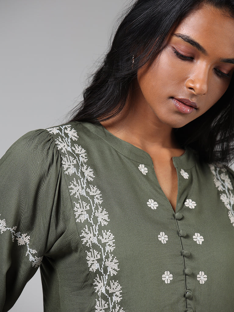 LOV Olive Green Embroidered Dress