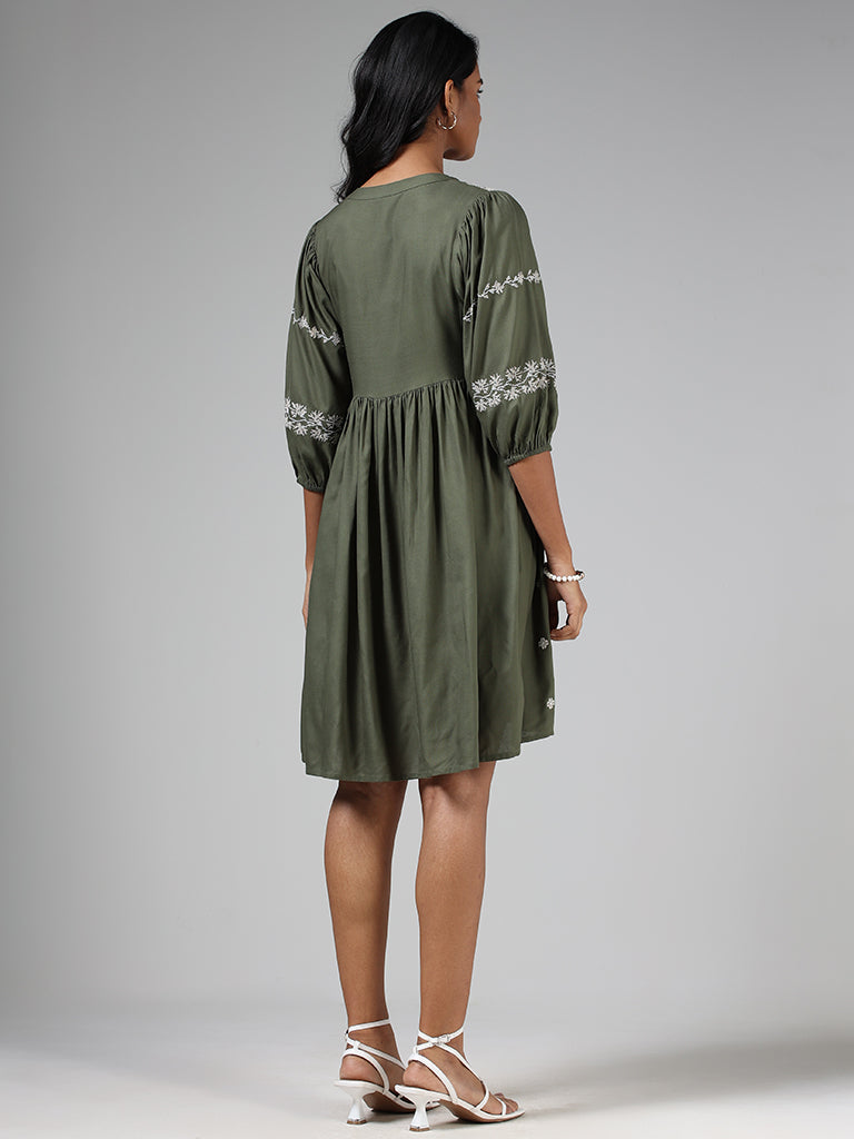 LOV Olive Green Embroidered Dress