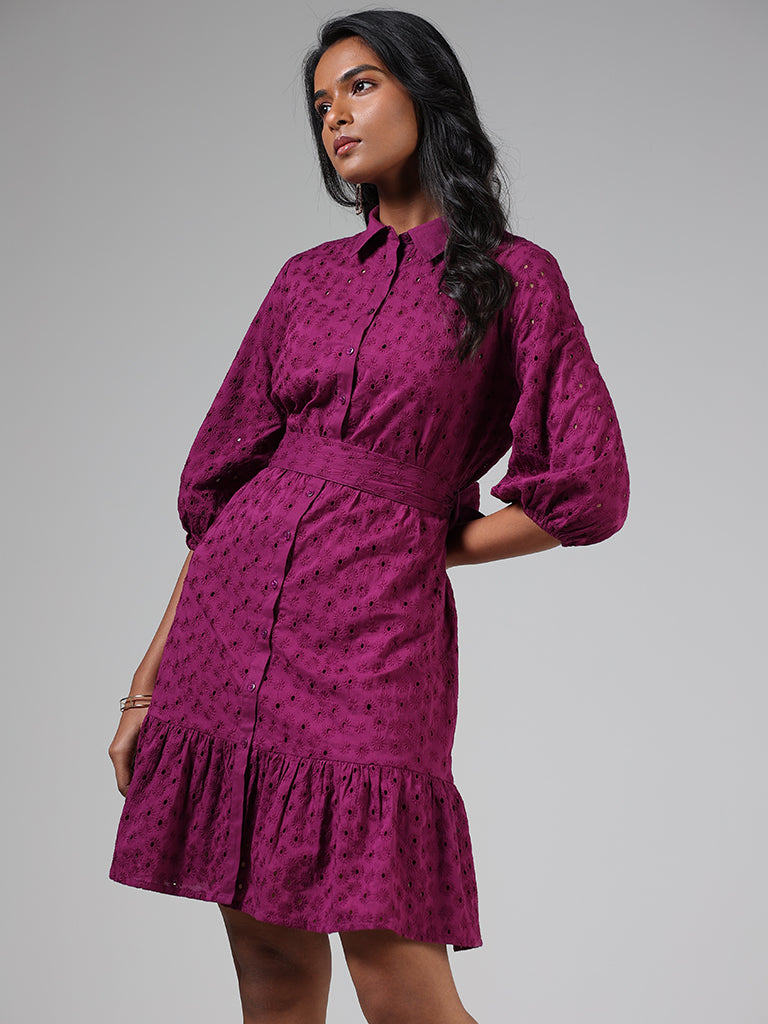 LOV Plum Schiffli Tiered Shirt Dress With Belt