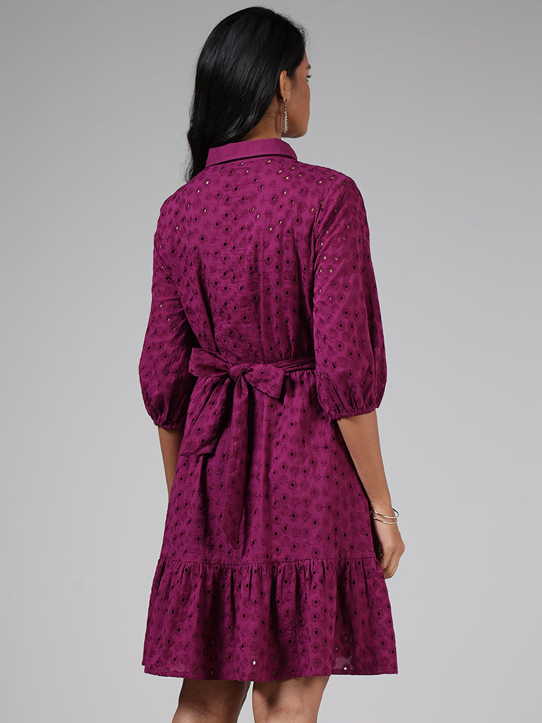 LOV Plum Schiffli Tiered Shirt Dress With Belt