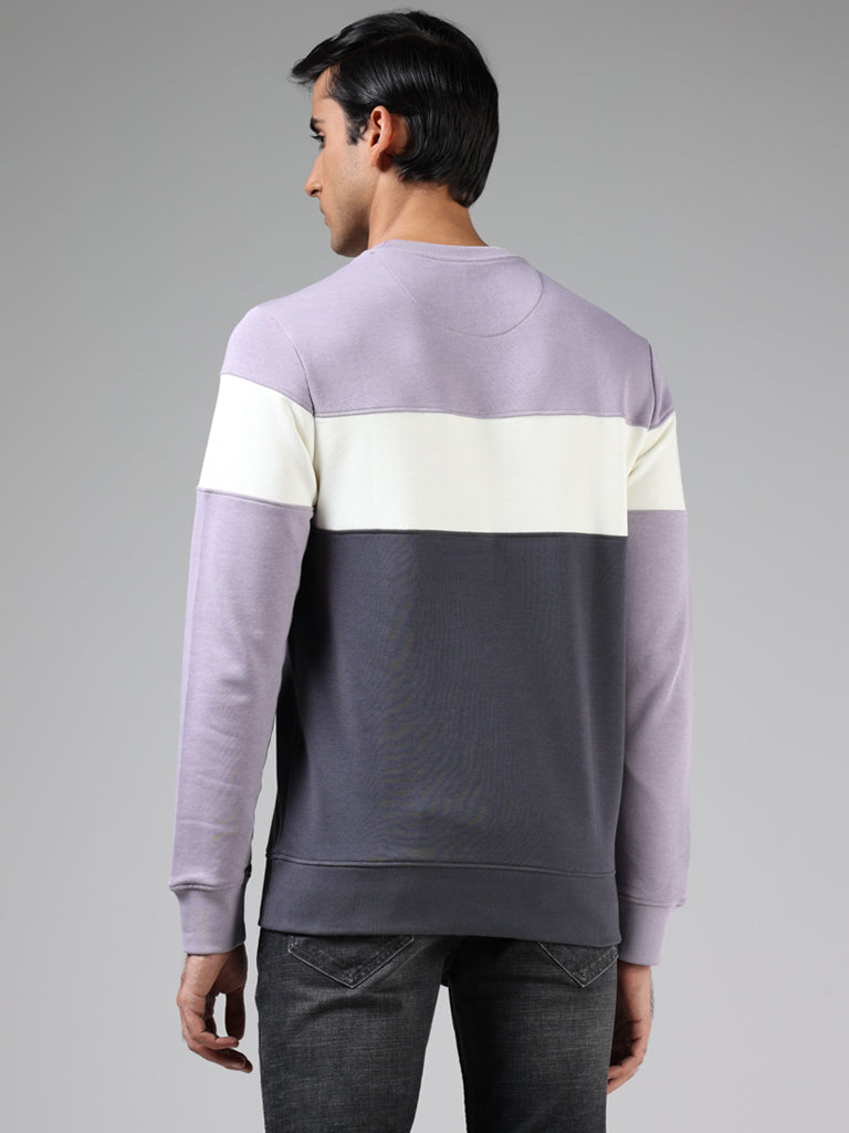 WES Casuals Lilac & Charcoal Colorblock Cotton Blend Relaxed-Fit Sweatshirt