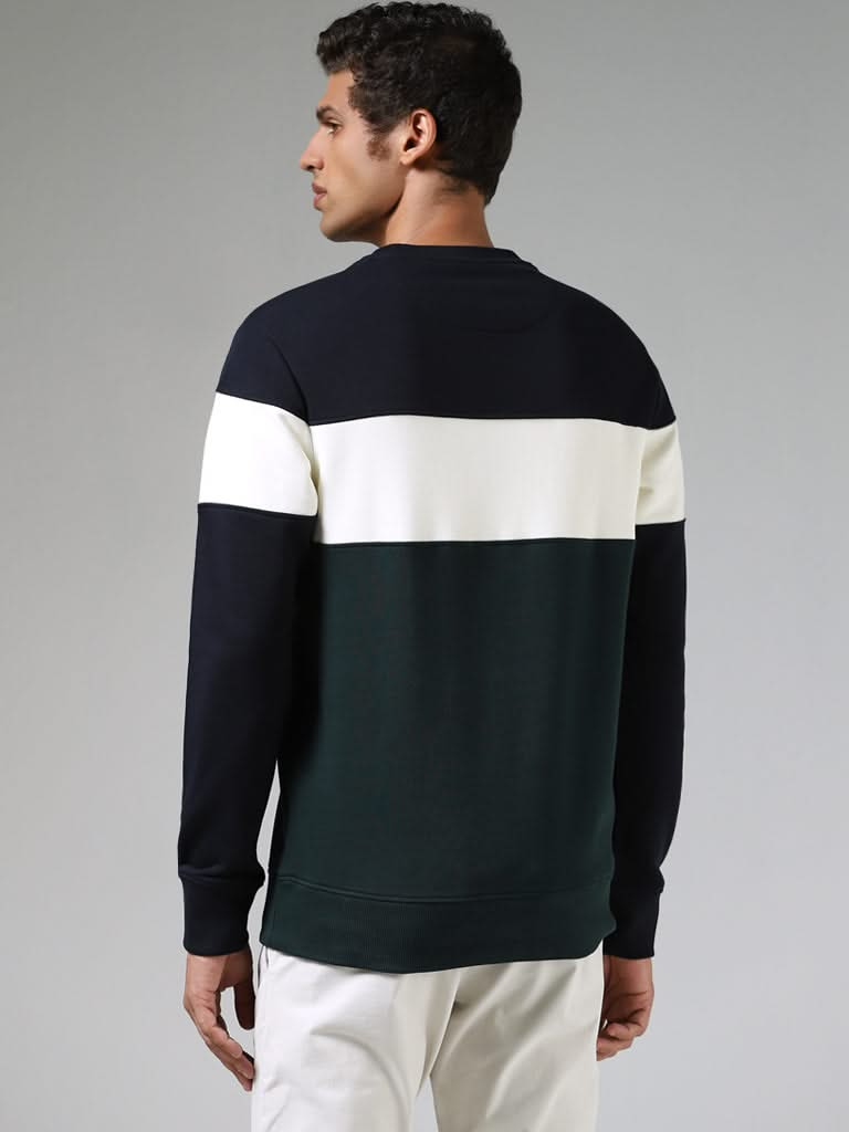 WES Casuals Navy & Emerald Green Colour Blocked Relaxed-Fit Sweatshirt