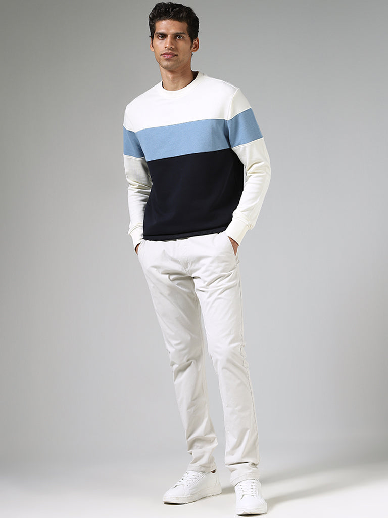 WES Casuals White & Navy Colour Blocked Relaxed-Fit Sweatshirt