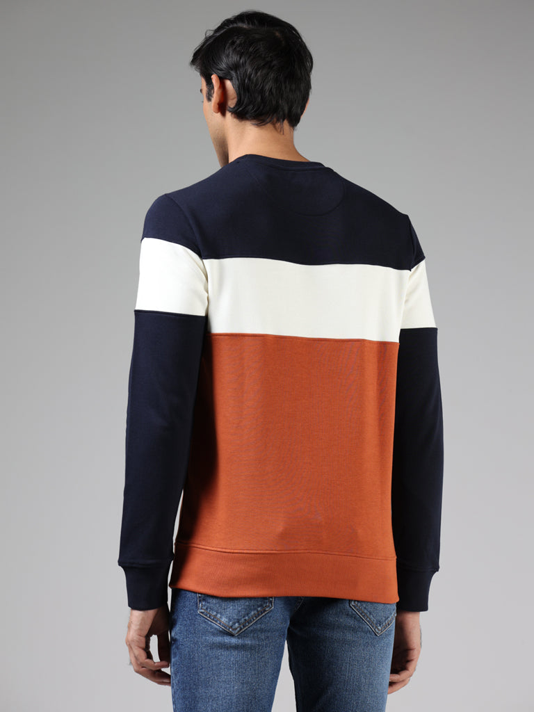 WES Casuals Navy & Rust Colorblock Cotton Blend Relaxed-Fit Sweatshirt