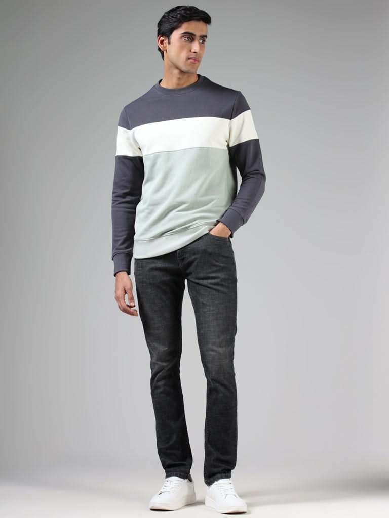 WES Casuals Charcoal & Sage Colorblock Cotton Blend Relaxed-Fit Sweatshirt