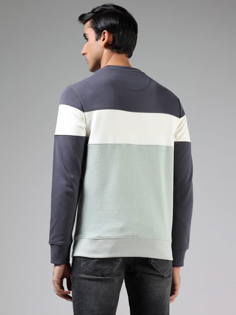 WES Casuals Charcoal & Sage Colorblock Cotton Blend Relaxed-Fit Sweatshirt