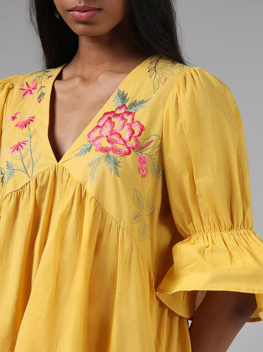 Bombay Paisley Mustard Yellow Floral Embroidery Cotton Dress