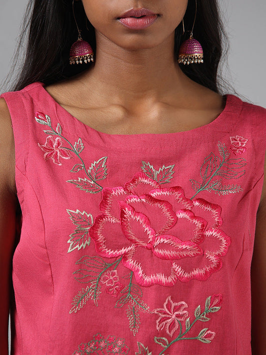 Bombay Paisley Pink Floral Embroidered Blended Linen Dress