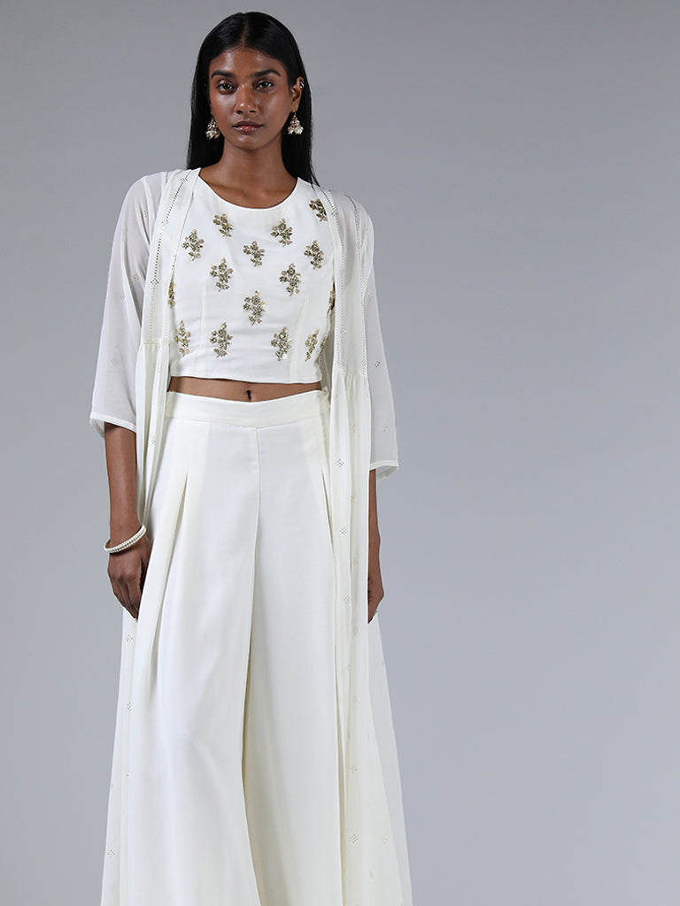 Vark Off White Zardozi Embroidered Crop Top with a Shrug and Palazzos