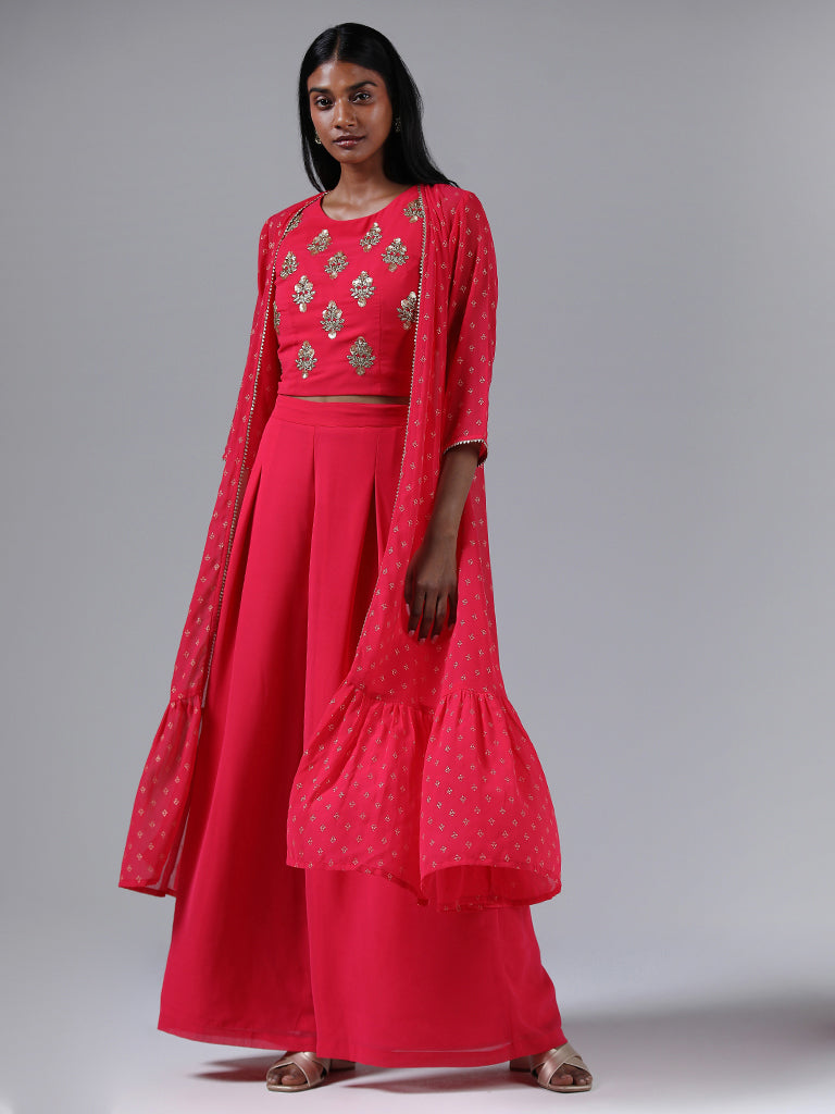 Vark Pink Zardozi Embroidered Crop Top with Jacket & Palazzos Set