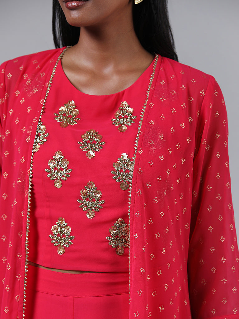 Vark Pink Zardozi Embroidered Crop Top with Jacket & Palazzos Set