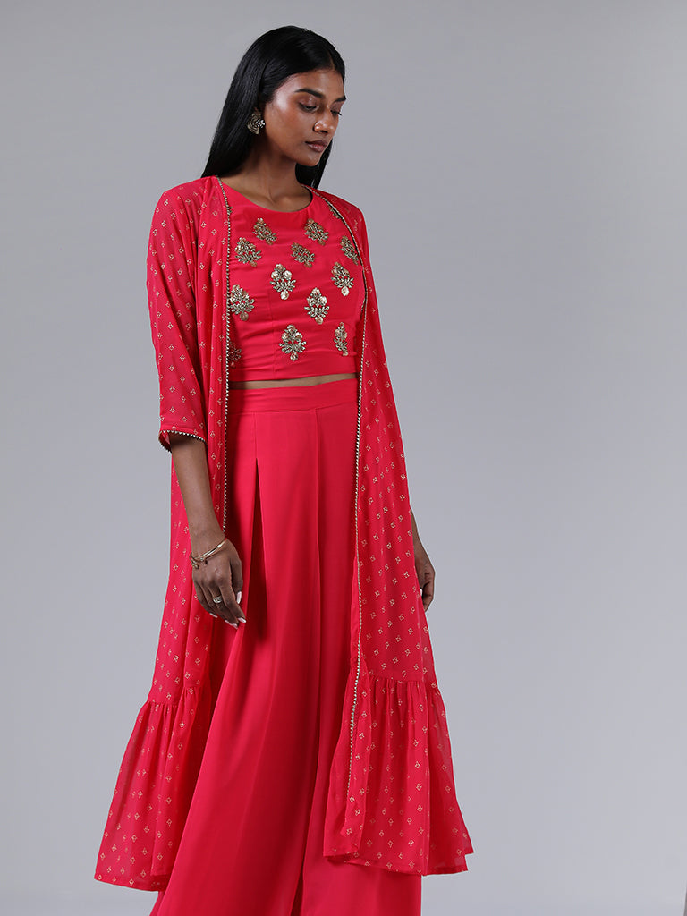 Vark Pink Zardozi Embroidered Crop Top with Jacket & Palazzos Set