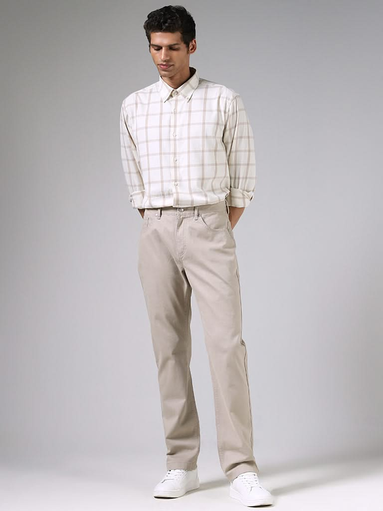 Ascot Off White and Stone Checkered Cotton Relaxed-Fit Shirt