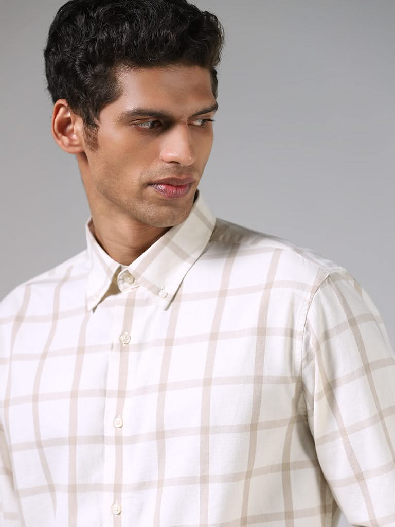 Ascot Off White and Stone Checkered Cotton Relaxed-Fit Shirt