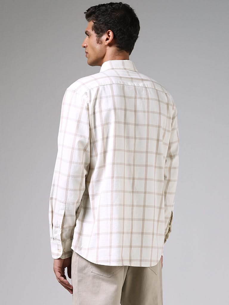 Ascot Off White and Stone Checkered Cotton Relaxed-Fit Shirt