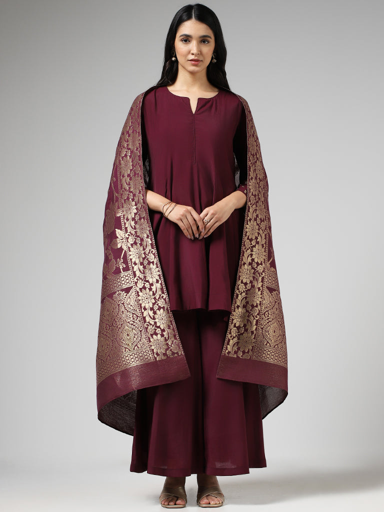 Vark Solid Burgundy Kurta with Palazzos & Brocade Dupatta