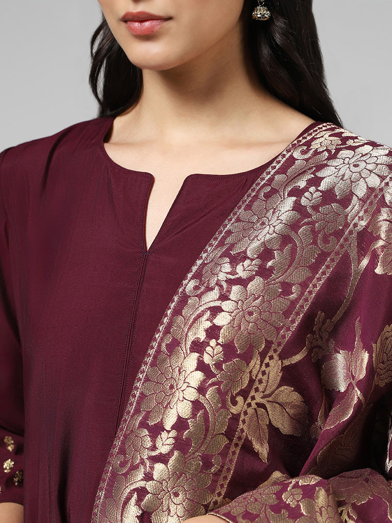 Vark Solid Burgundy Kurta with Palazzos & Brocade Dupatta