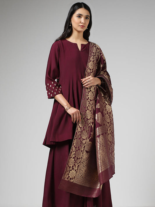 Vark Solid Burgundy Kurta with Palazzos & Brocade Dupatta