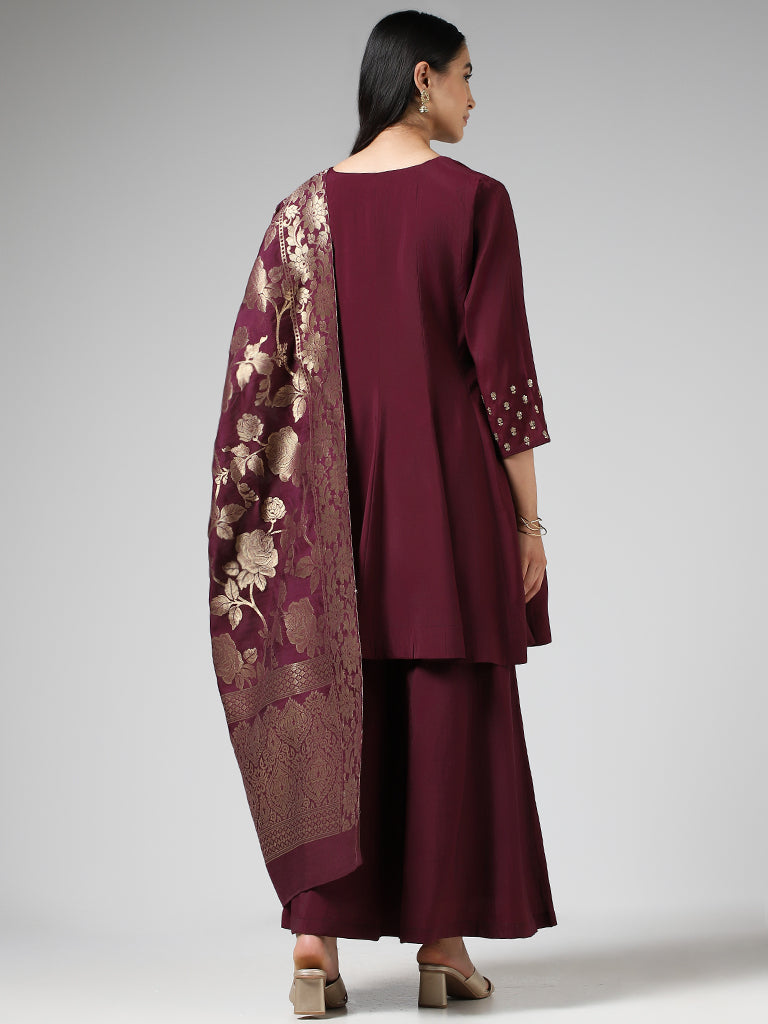 Vark Solid Burgundy Kurta with Palazzos & Brocade Dupatta