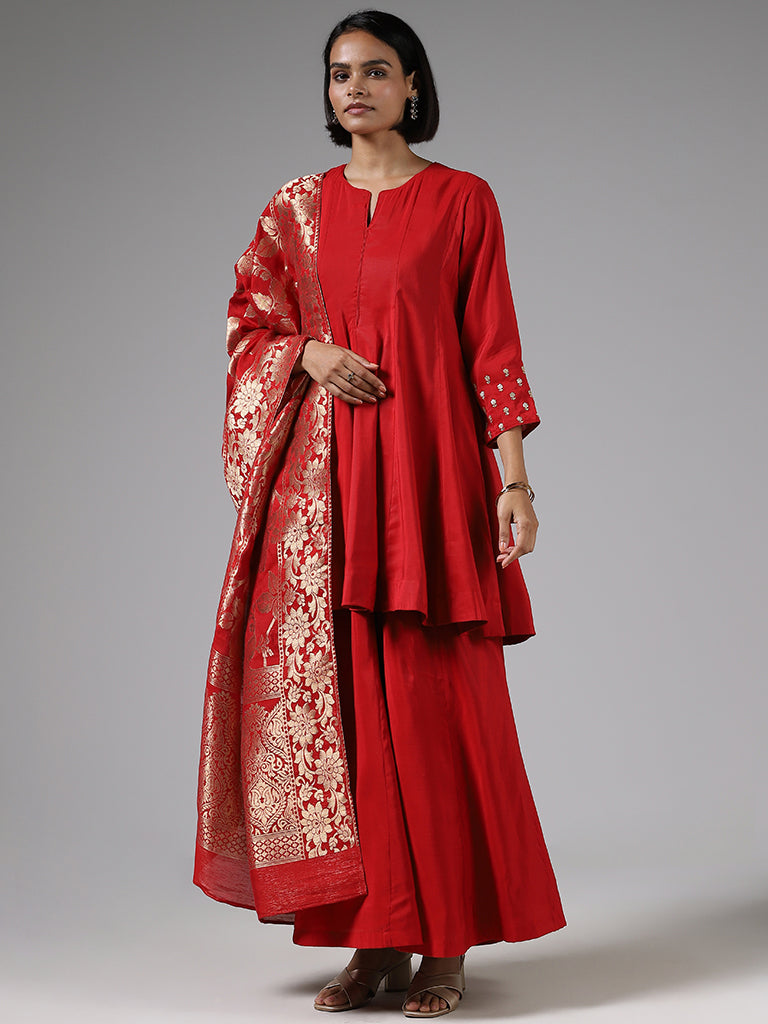 Vark Red Embroidered Kurta, Palazzos and Brocade Dupatta