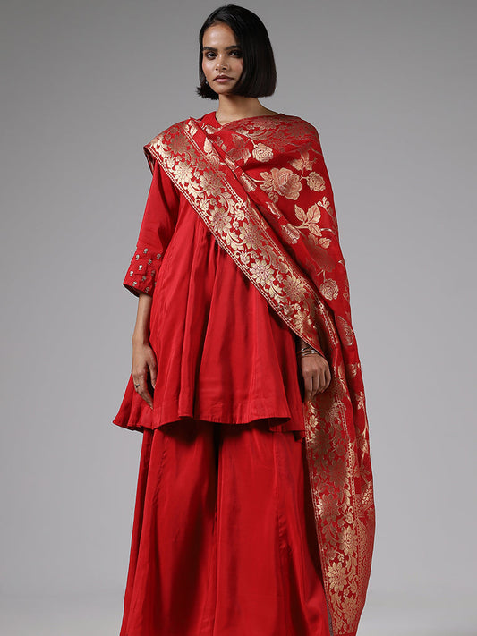 Vark Red Embroidered Kurta, Palazzos and Brocade Dupatta