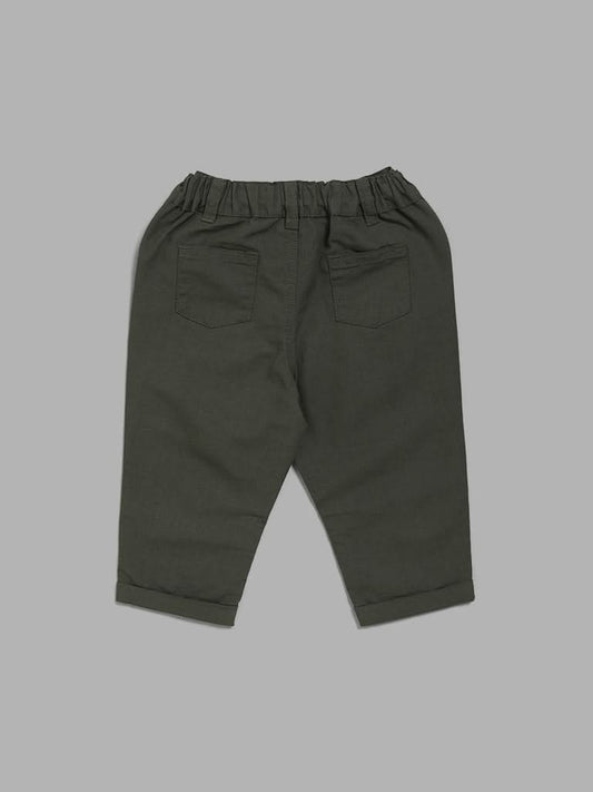 HOP Baby Solid Olive Green Button Accent Trousers