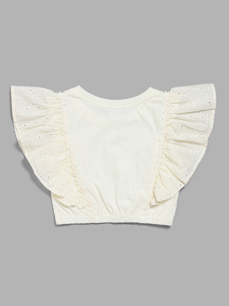 HOP Kids White Schiffli Sleeves Crop Top