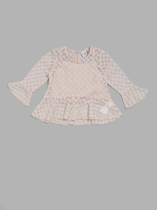 HOP Kids Beige Floral Embroidered Net Top With Inner