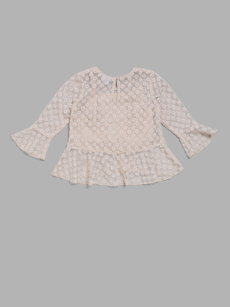 HOP Kids Beige Floral Embroidered Net Top With Inner