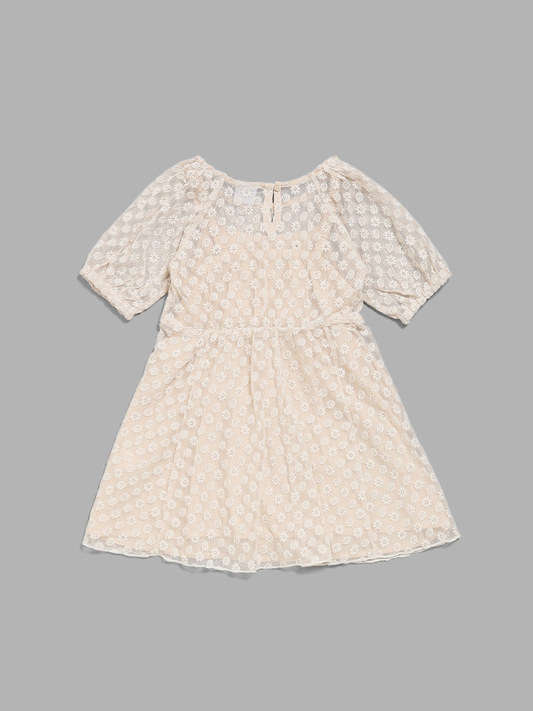 HOP Kids Beige Net Embroidered Dress with Camisole