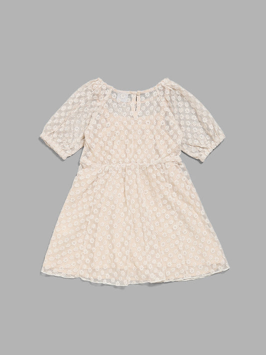 HOP Kids Beige Net Embroidered Dress with Camisole