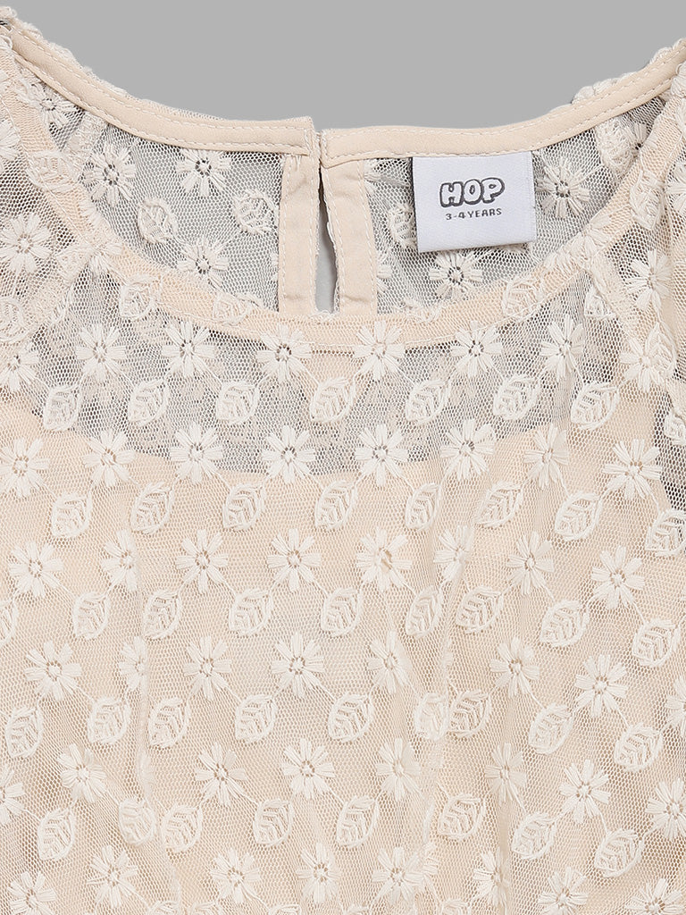 HOP Kids Beige Net Embroidered Dress with Camisole