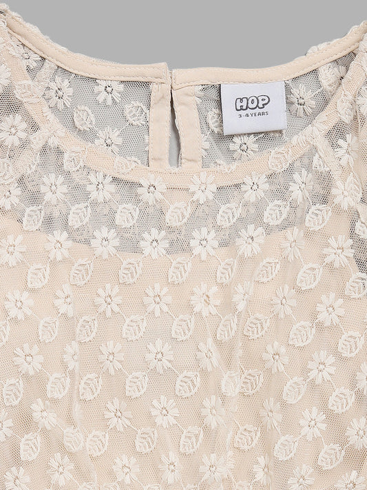 HOP Kids Beige Net Embroidered Dress with Camisole