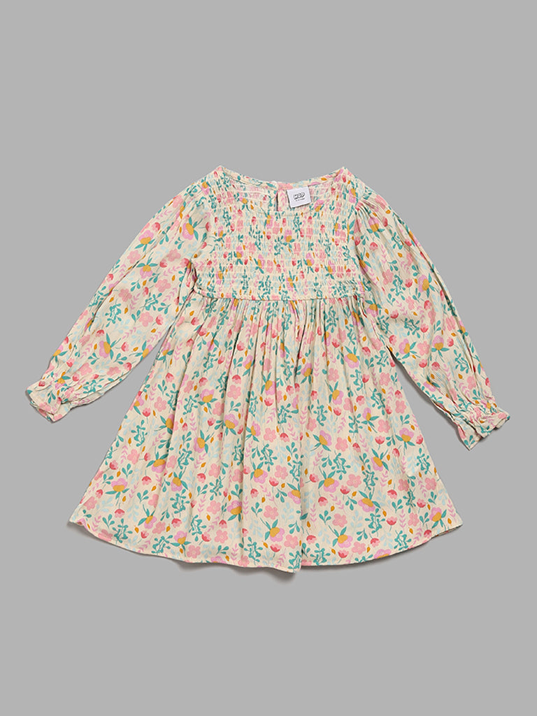 HOP Kids Off-White Floral Printed Fit and Flare Dress