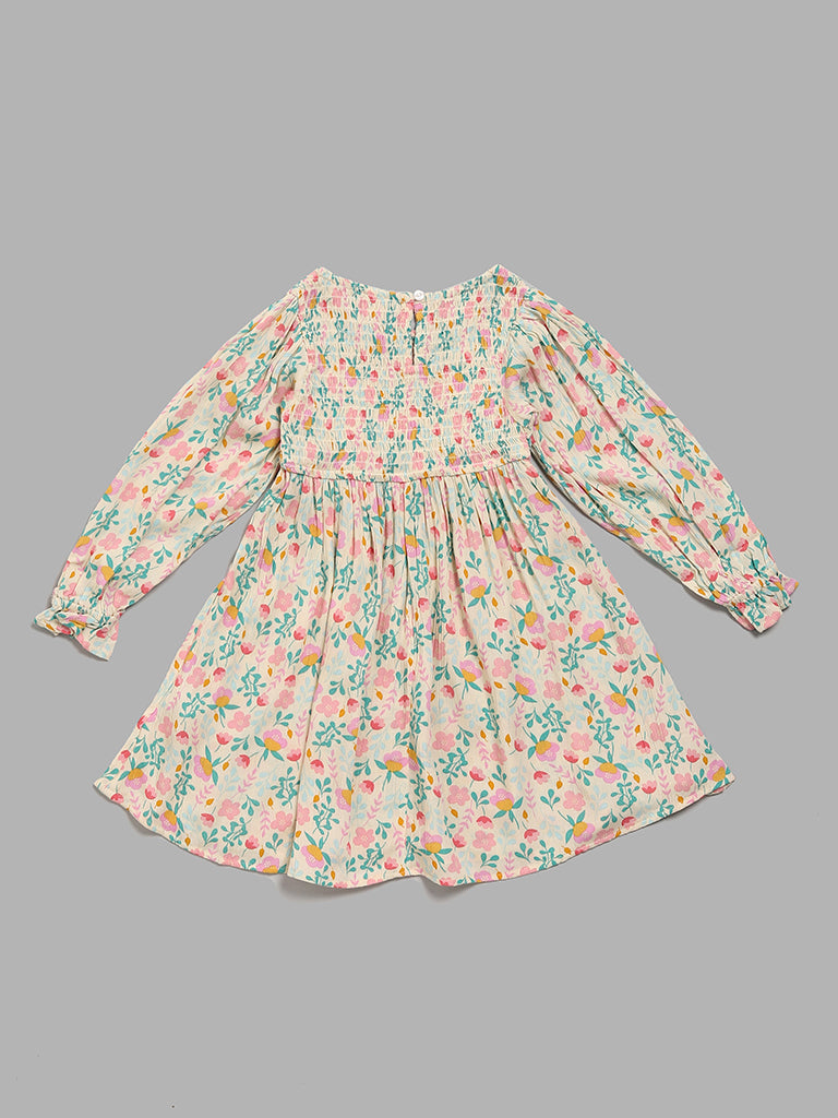 HOP Kids Off-White Floral Printed Fit and Flare Dress