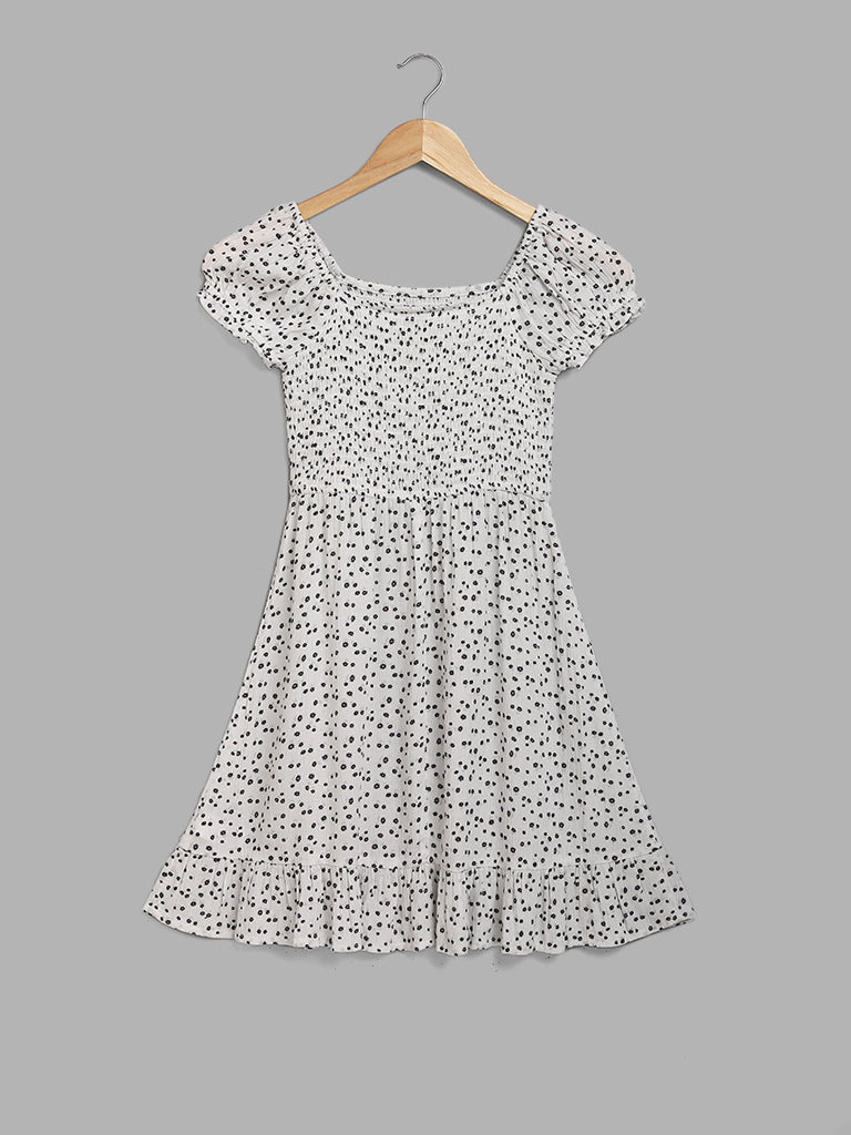 Y&F Kids White Dotted Smocked Dress