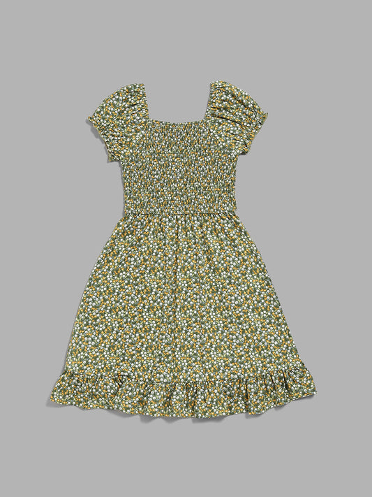 Y&F Kids Olive Ditsy Floral Printed Smocked Dress