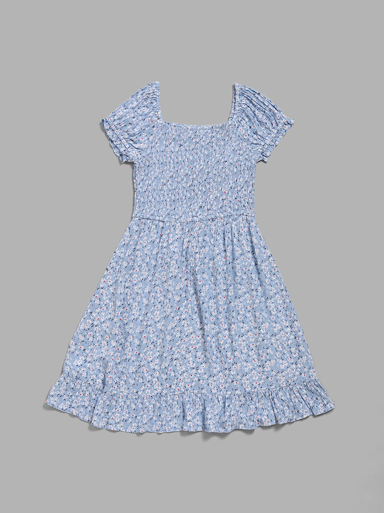 Y&F Kids Light Blue Ditsy Floral Printed Smocked Dress