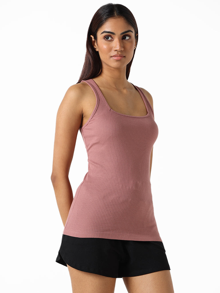 Wunderlove Rose Taupe Cotton Blend Ribbed Slim Fit Camisole