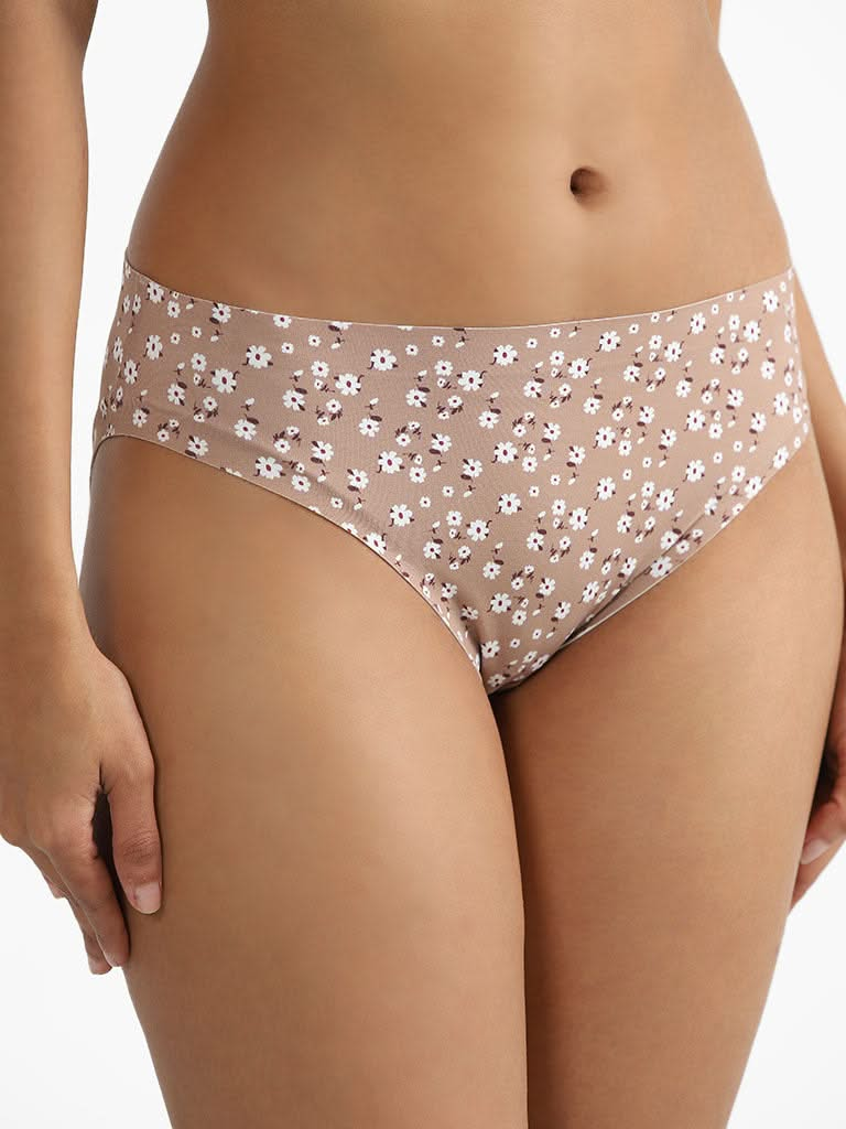 Wunderlove Light Taupe Floral Printed Brief