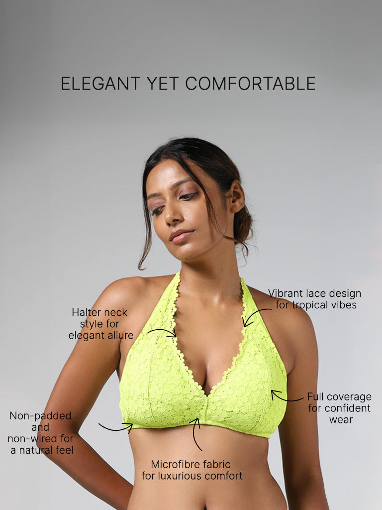 Superstar Lime Lace Design Halter Neck Bra