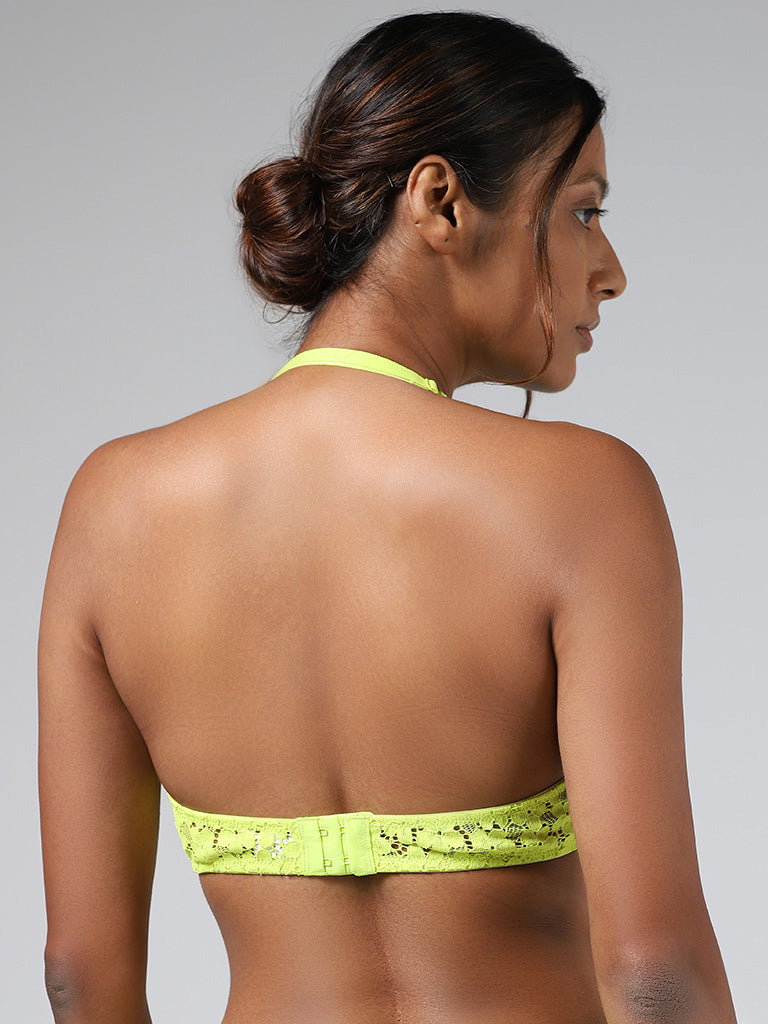 Superstar Lime Lace Design Halter Neck Bra