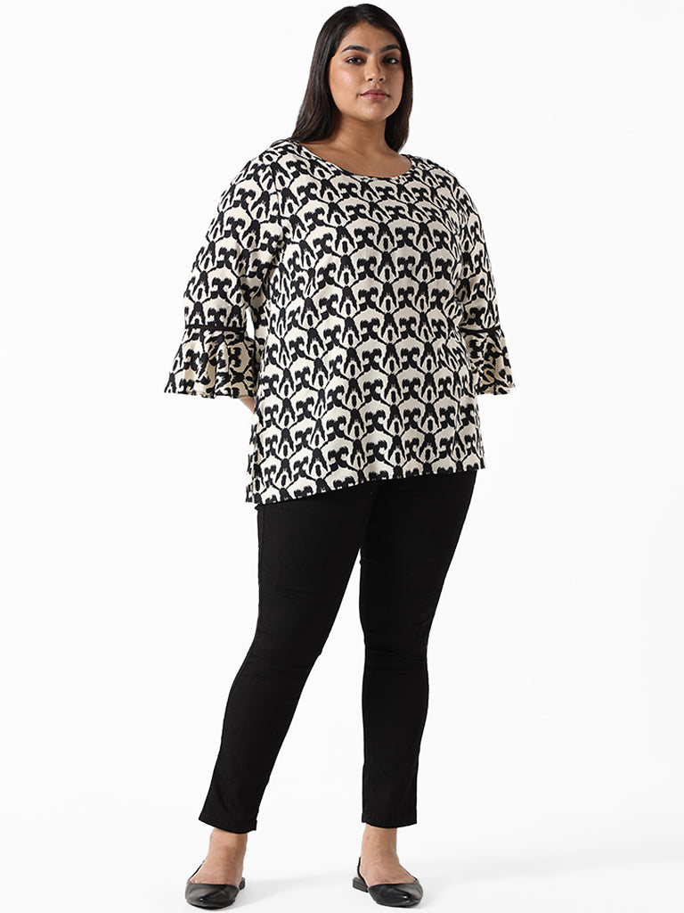 Gia Black and Beige Printed Relaxed Fit Blouse