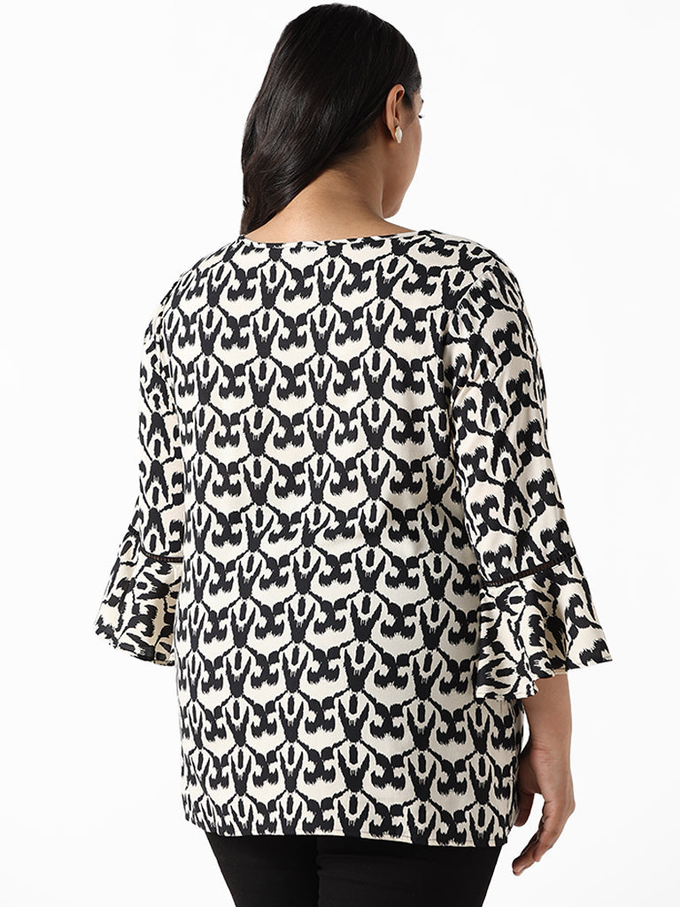 Gia Black and Beige Printed Relaxed Fit Blouse