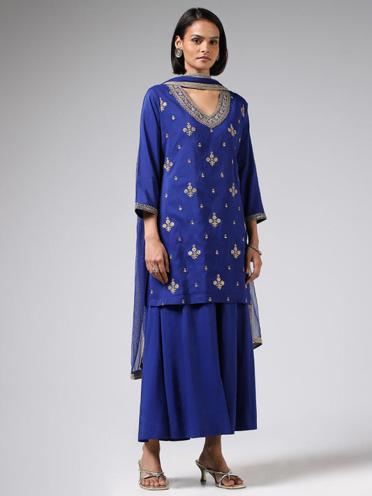 Vark Royal Blue Floral Zari Embroidered Kurti, Palazzos & Dupatta Set