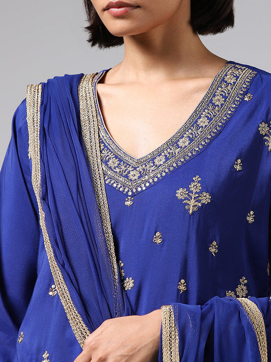 Vark Royal Blue Floral Zari Embroidered Kurti, Palazzos & Dupatta Set