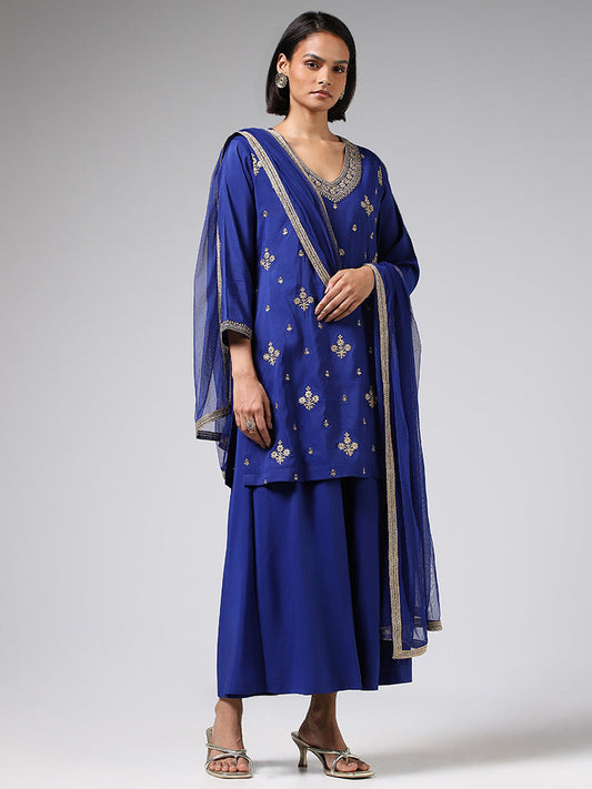 Vark Royal Blue Floral Zari Embroidered Kurti, Palazzos & Dupatta Set