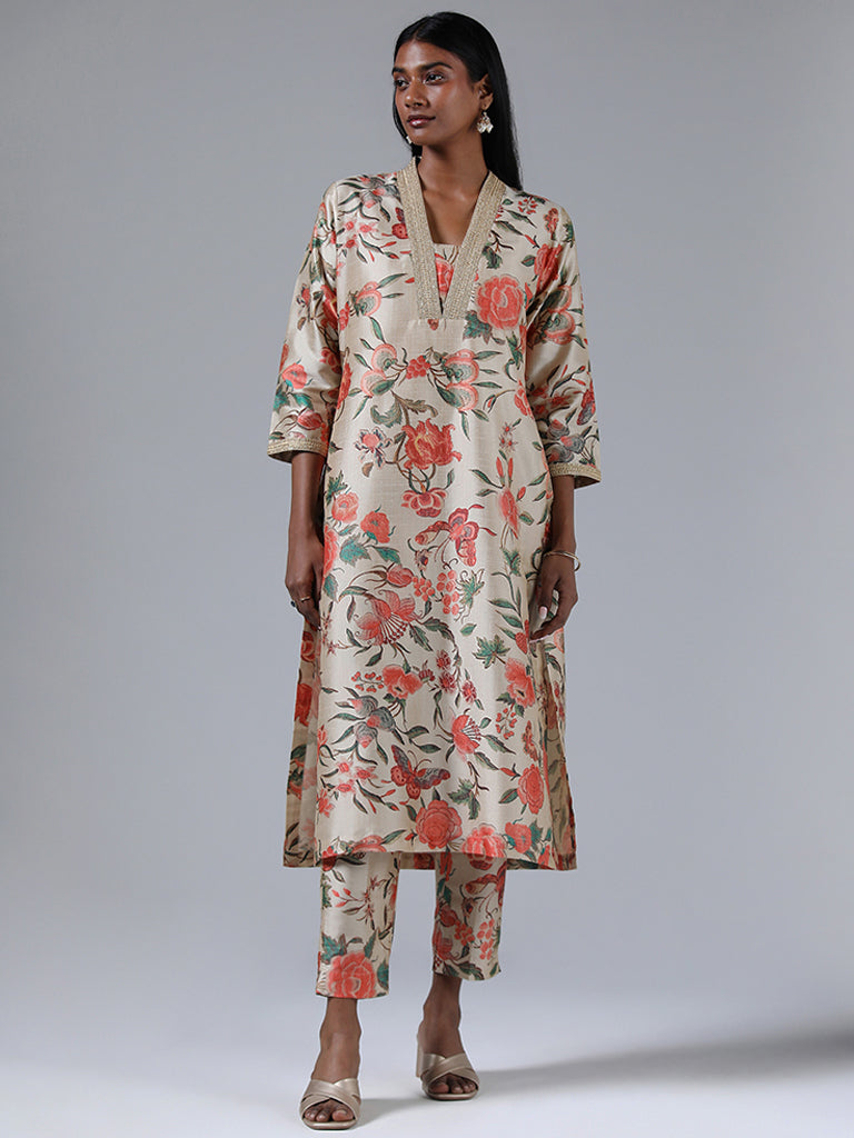 Vark Beige Nature Printed Kurta and Pants Set