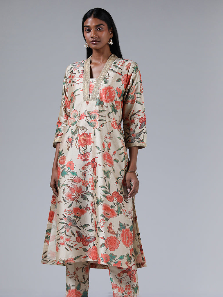 Vark Beige Nature Printed Kurta and Pants Set