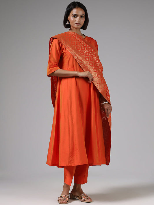 Vark Solid Orange Anarkali Kurta, Palazzos and Brocade Dupatta